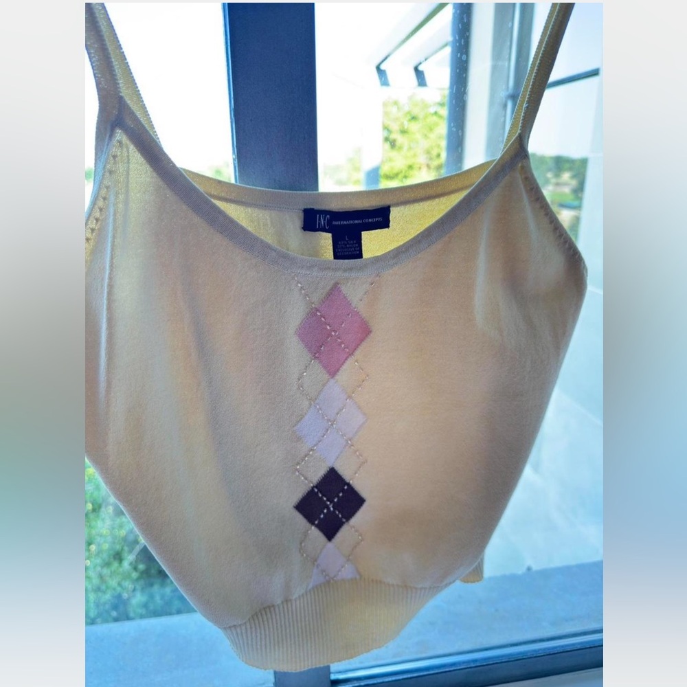 Vintage INC Butter Yellow Silk Argyle Sweater Tank - Picture 4 of 6